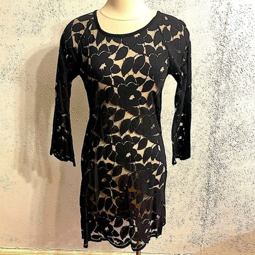 T Los Angeles Black Lace Sheer 3/4 Sleeve Dress Size Small
